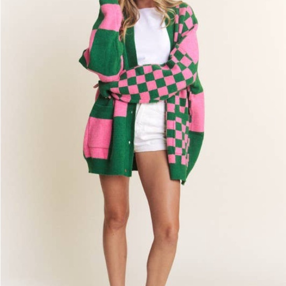 Green and Pink Checkered Women's Sweater - Picture 6 of 7